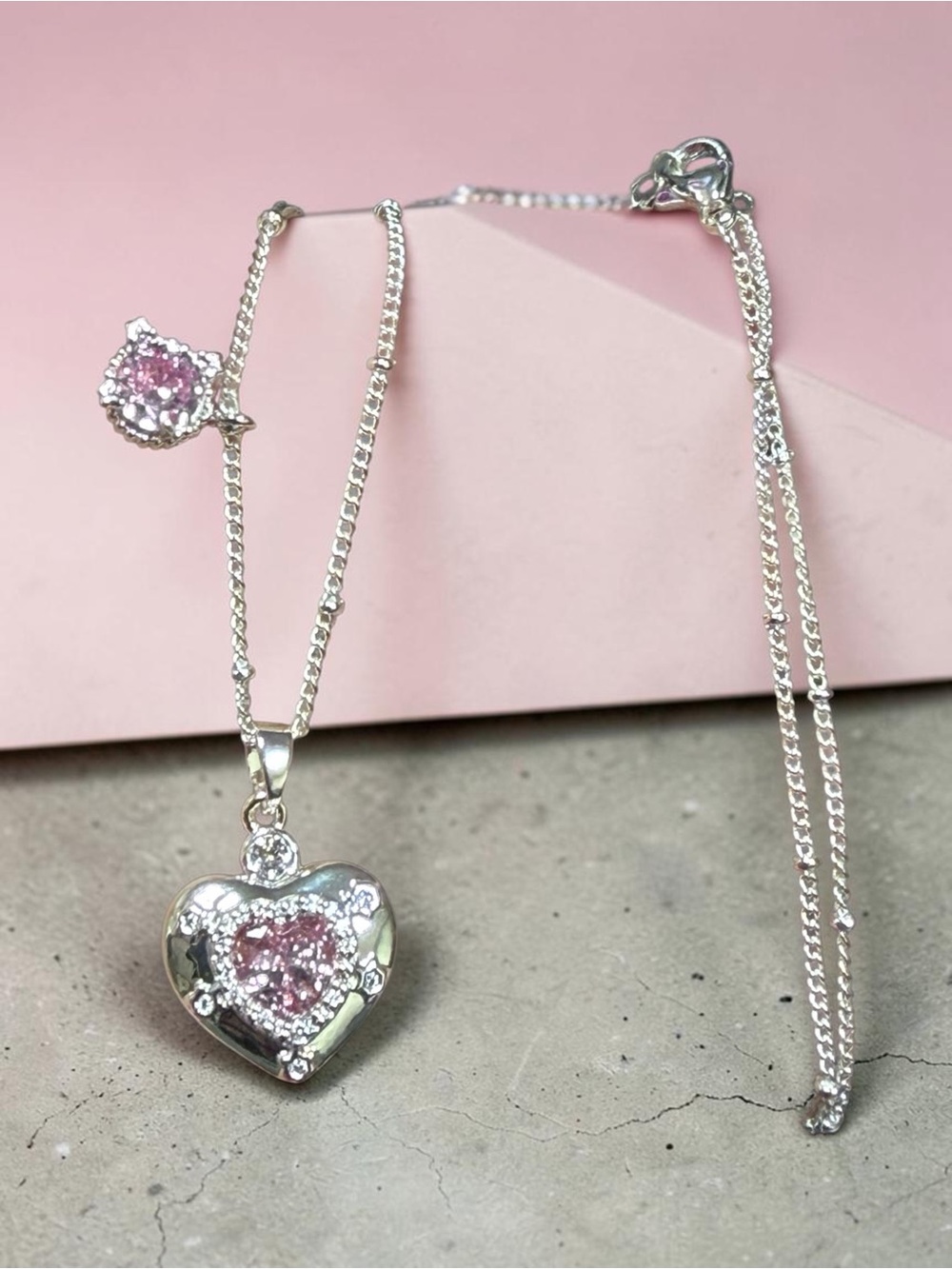 14K Gold Plated Heart Pendant Necklace with Pink Stones